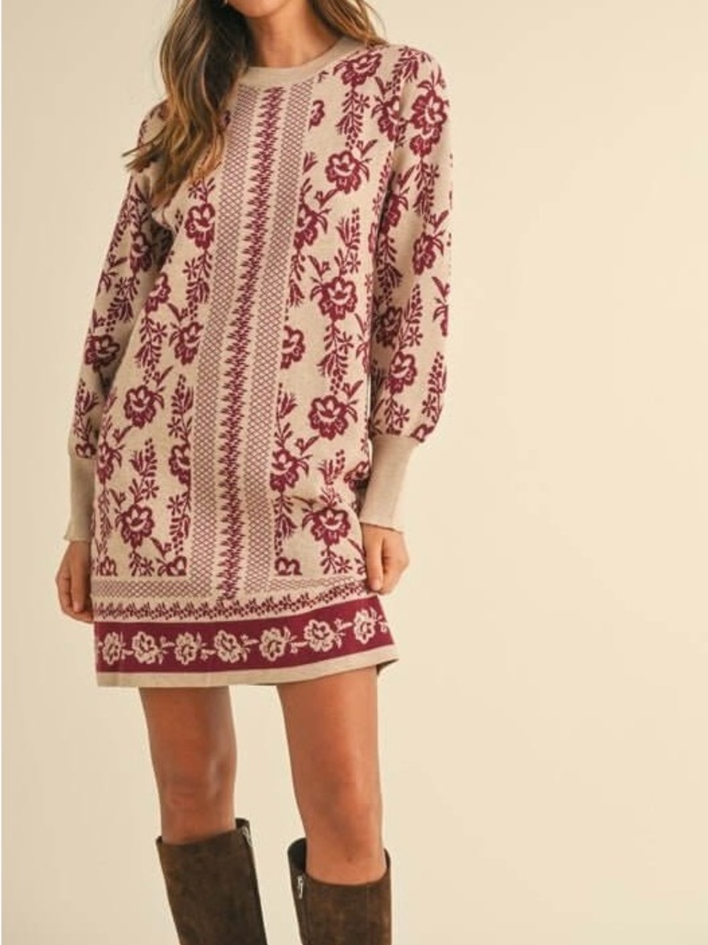 Annie Beige Crewneck Sweater with Burgundy Floral Jacquard